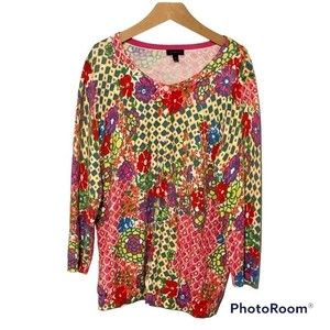 Talbots Colorful Red & Pink Floral Cardigan Button 3/4 Sweater Womens Size M